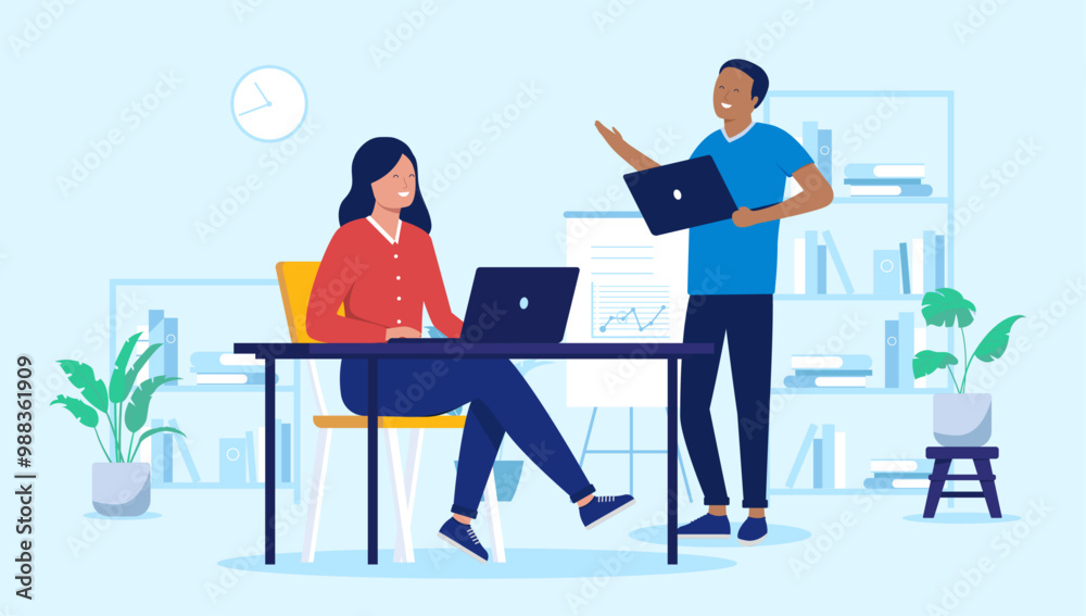 Leinwandbilder Two people in office working and smiling - Man and woman talking and having fun at work using laptop computers with positive attitude. Flat design vector illustration