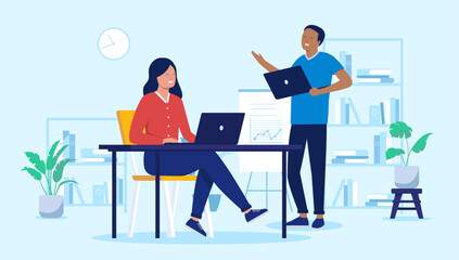 Two people in office working and smiling - Man and woman talking and having fun at work using laptop computers with positive attitude. Flat design vector illustration