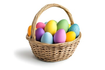 Naklejka premium Easter basket filled with colorful eggs isolated on a white background