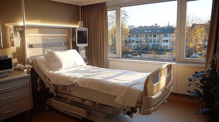 empty adjustable bed in room in private modern hospital