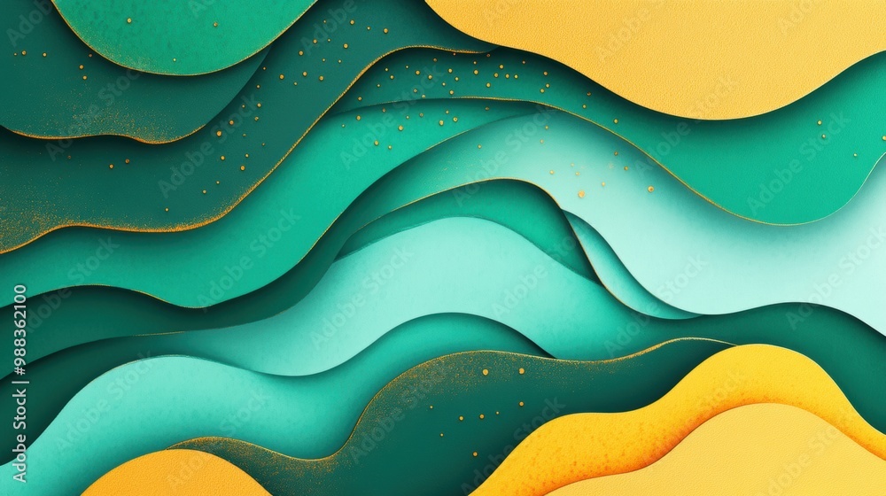 Poster waves of green and gold flow gracefully, creating an abstract pattern that suggests tranquility and 