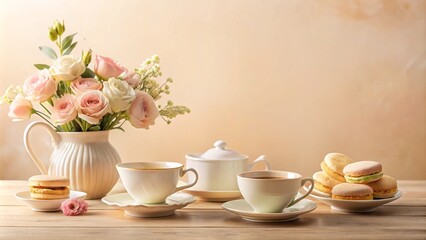 Tea and Macarons with Flower Bouquet on Wooden Table