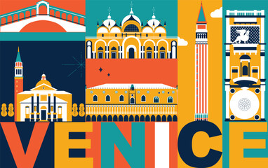 Venice culture travel set, famous architectures and specialties in flat design. Business travel and tourism concept isolated on white background. Image for presentation, banner, website, app, advert