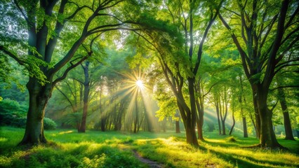 Serenity fills the atmosphere as soft dappled sunlight filters through lush green trees