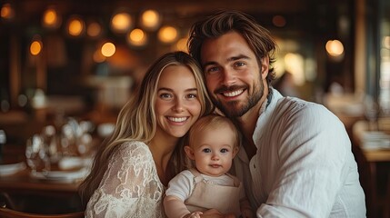 family with little baby in restaurant choosing food, drinks