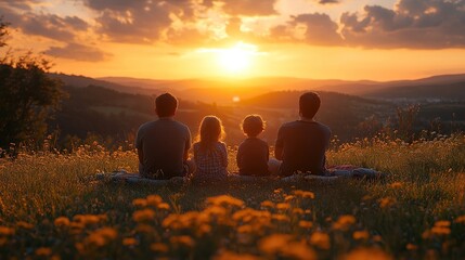 family with children having picnic in nature enjoying sunset rear view