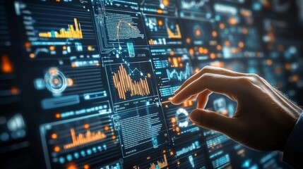 Obraz premium Digital analytics data visualization. Big data. Network connection. Artificial intelligence technology. Digital tech. Hand typing, gesturing. 