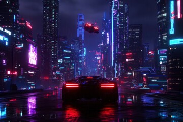 Obraz premium A futuristic cityscape illuminated by neon lights, showcasing a sleek car against a backdrop of towering skyscrapers and a vibrant night sky.