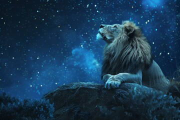Naklejka premium Leo Zodiac Sign, Lion Horoscope Symbol, Magic Astrology Lion, Lion in Fantastic Night Sky