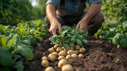 farmer family harvesting potatoes in garden in summer