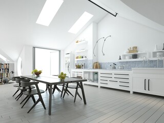 Minimalist white kitchen and natural light.