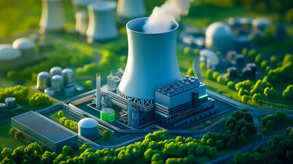 A cutting-edge small modular nuclear reactor (SMR) located in a high-tech, sustainable energy facility. The reactor is compact, surrounded by modern infrastructure and lush green surroundings, symboli