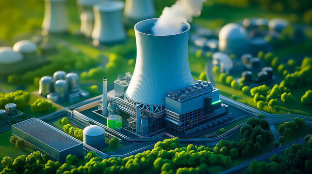 A cutting-edge small modular nuclear reactor (SMR) located in a high-tech, sustainable energy facility. The reactor is compact, surrounded by modern infrastructure and lush green surroundings, symboli
