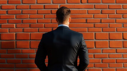 A businessman standing against a brick wall, dressed in a formal suit and contemplating his next move.
