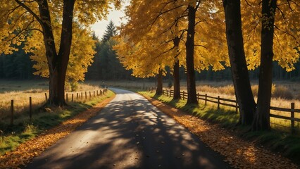 Naklejka premium Scenic autumn pathway surrounded by golden trees and soft sunlight
