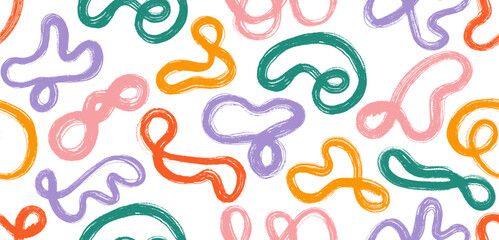 Seamless pattern colored paint brush strokes. Template hand drawn curved, color wavy lines with grunge. Vector chaotic ink, old brush scribbles textured. Messy scribbles, bold, sinuous dry brush lines