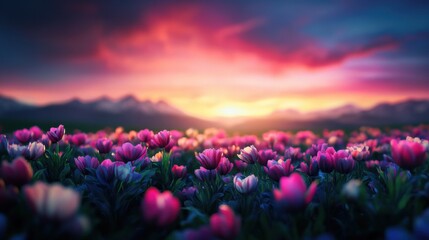 Obraz premium A vibrant field of tulips under a colorful sunset, showcasing nature's beauty and tranquility.