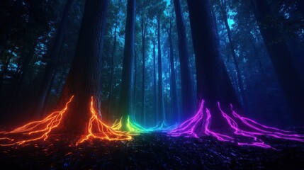A vibrant forest scene illuminated by colorful neon roots, creating a magical and surreal atmosphere.