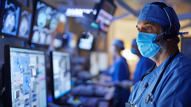 Doctor in a blue scrubs and mask monitoring medical equipment in an operating room.
