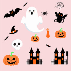 set of collection hallowen elements like a ghost, hat, and pumpkin for elements, clipart, sticker