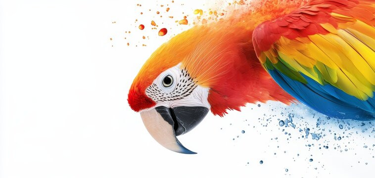 3D parrot head with flowing rainbow feathers, tiny snowflake-shaped glass scales, water droplets at the tips, bright colors, watercolor splash background, soft mist, highly detailed
