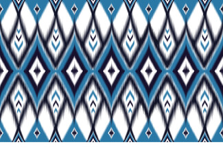 Ikat seamless pattern. Blue white geometric print. Abstract ethnic background. Navy ornament design. Trendy textile texture. Vintage boho wallpaper. Modern chevron style. Zigzag fabric. Ikat decor.
