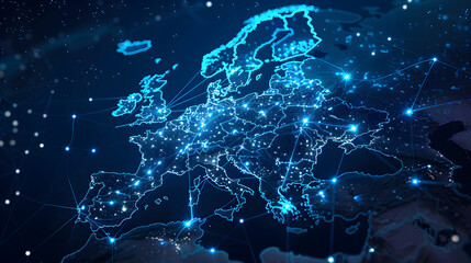 dynamic digital world map emphasize Western Europe continental for AI powered global network connectivity big data transfer cyber technology network information exchange and telecommunication