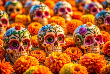 Fototapeta premium Colorful sugar skulls surrounded by vibrant marigold flowers for Día de los Muertos celebration