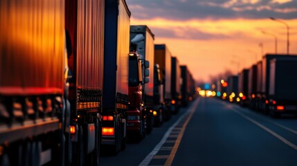 Trucks lined up on a highway at sunset, showcasing a vibrant sky and the hustle of transportation.