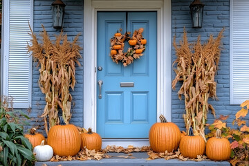 Autumn decor with pumpkins and corn stalks adorning a blue front door in a quaint neighborhood