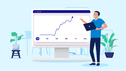 Investor happy with stock price going up - Man with laptop computer looking at rising chart, smiling over success and luck in investing. Flat design vector illustration