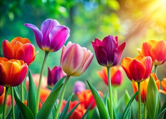 Fototapeta premium Vibrant tulips sway gently in a spring breeze amidst a kaleidoscope of colors against a tranquil green backdrop.