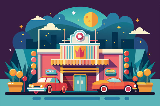 Cars parked outside a colorful drive-in movie theater with vibrant decorations, set against a backdrop of mountains and a night sky filled with stars.