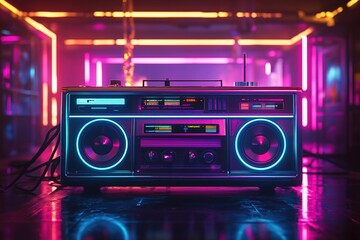 Vibrant neon lights illuminating an old-school boombox, creating dynamic and energetic visual effects for a retro-themed music video background