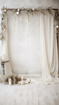 Simple and Clean Boho Christmas Studio Backdrop. Creative minimalist modern holiday background with copy space.