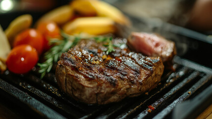 Florentine steak in white plate In the restaurant with smoke 