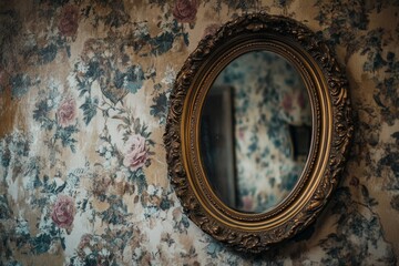 Fototapeta premium A vintage mirror reflects in an elegant interior setting. The ornate frame adds charm to the floral wallpaper. This piece creates a nostalgic ambiance. Generative AI