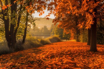 Fototapeta premium Serene autumn landscape with fallen leaves, vibrant foliage, golden sunlight, warm glow