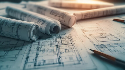 Detailed architectural blueprints with multiple building plans, rolled up scrolls and drafting tools, depicting the design process..