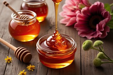 Realistic Illustration of Golden Amber Honey Drizzle with Floral Accents