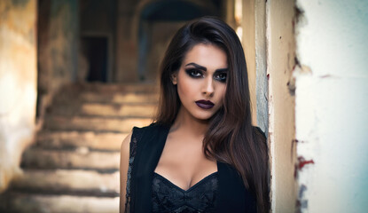 Naklejka premium Pretty brunette woman with dark make up at halloween 