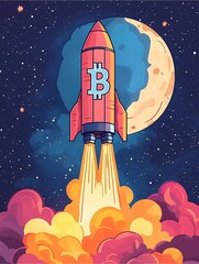 Bitcoin rocket blasting off into space with moon in background cartoon style.