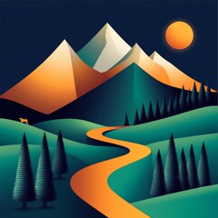 Minimalist Rocky Mountain vector landscape, featuring stylized mountains, deep green pines, and abstract winding paths, vibrant colors of sky blue.