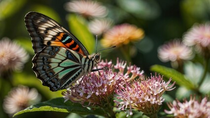 Obraz premium Beautiful butterfly feeding on pink flowers in a vibrant garden setting