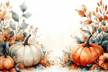 An elegant autumnal watercolor wreath featuring soft-hued pumpkins and foliage, perfect for Thanksgiving and Halloween celebrations and decorations.