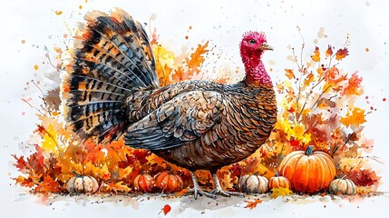 Fototapeta premium Colorful turkey illustration set against autumn leaves and pumpkins, perfect for Thanksgiving and Halloween-themed designs, festive banners, and greeting cards.