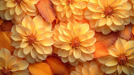 A vibrant bouquet of fall flowers featuring yellow dahlias and orange leaves, perfect for Thanksgiving and Halloween decor or seasonal invitations.