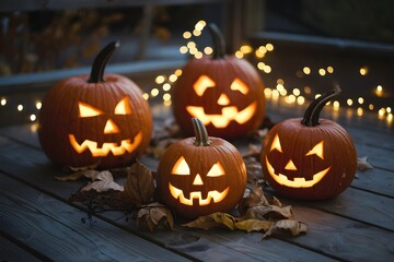 Fototapeta premium Three intricately carved pumpkins on wooden deck, glowing softly, surrounded by leaves and lights