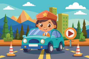 A cheerful young driver practices in a vibrant driving school setting surrounded by mountains and trees under a clear sky.