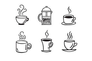 Hand drawn hot drinks set. Doodle coffee cups white background. Coffee, tea, cappuccino, espresso, latte, americano, hot chocolate